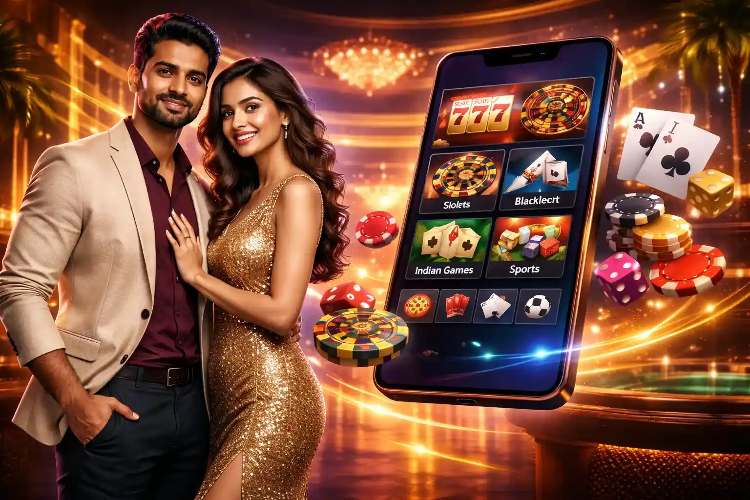 Smiling couple beside mobile casino games and chips in Bangladesh